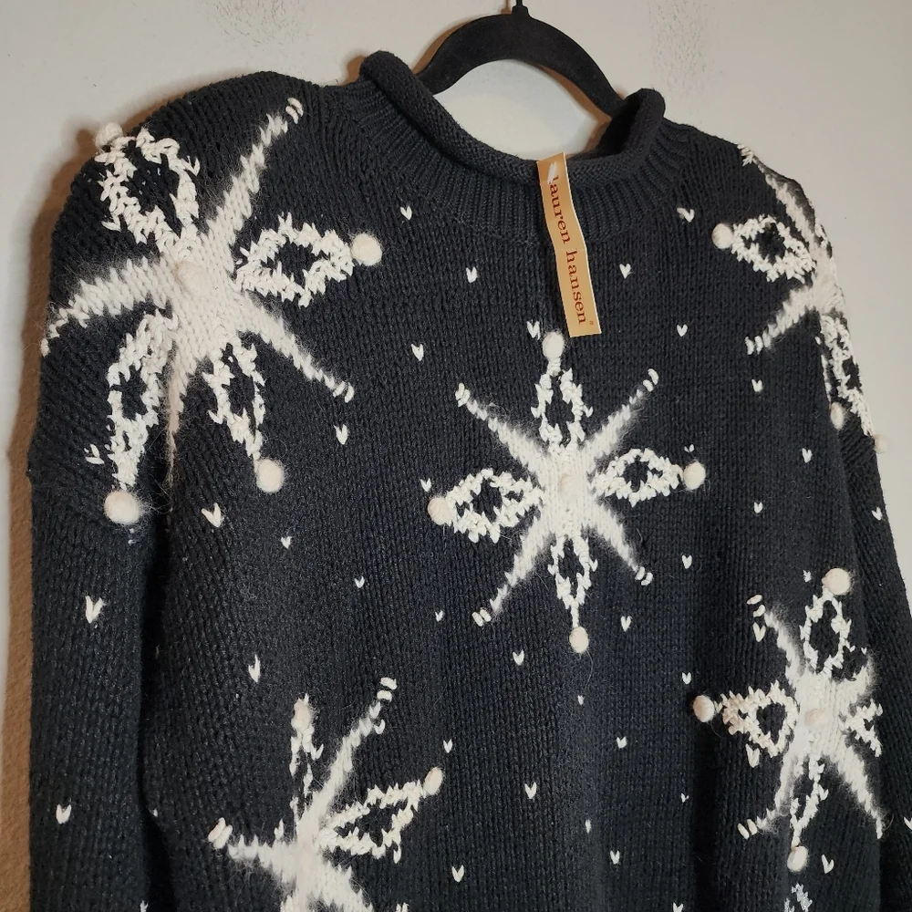 NWT Vintage Lauren Hansen‎ Roll Neck Hand Knitted Snowflake Reindeer Sweater L